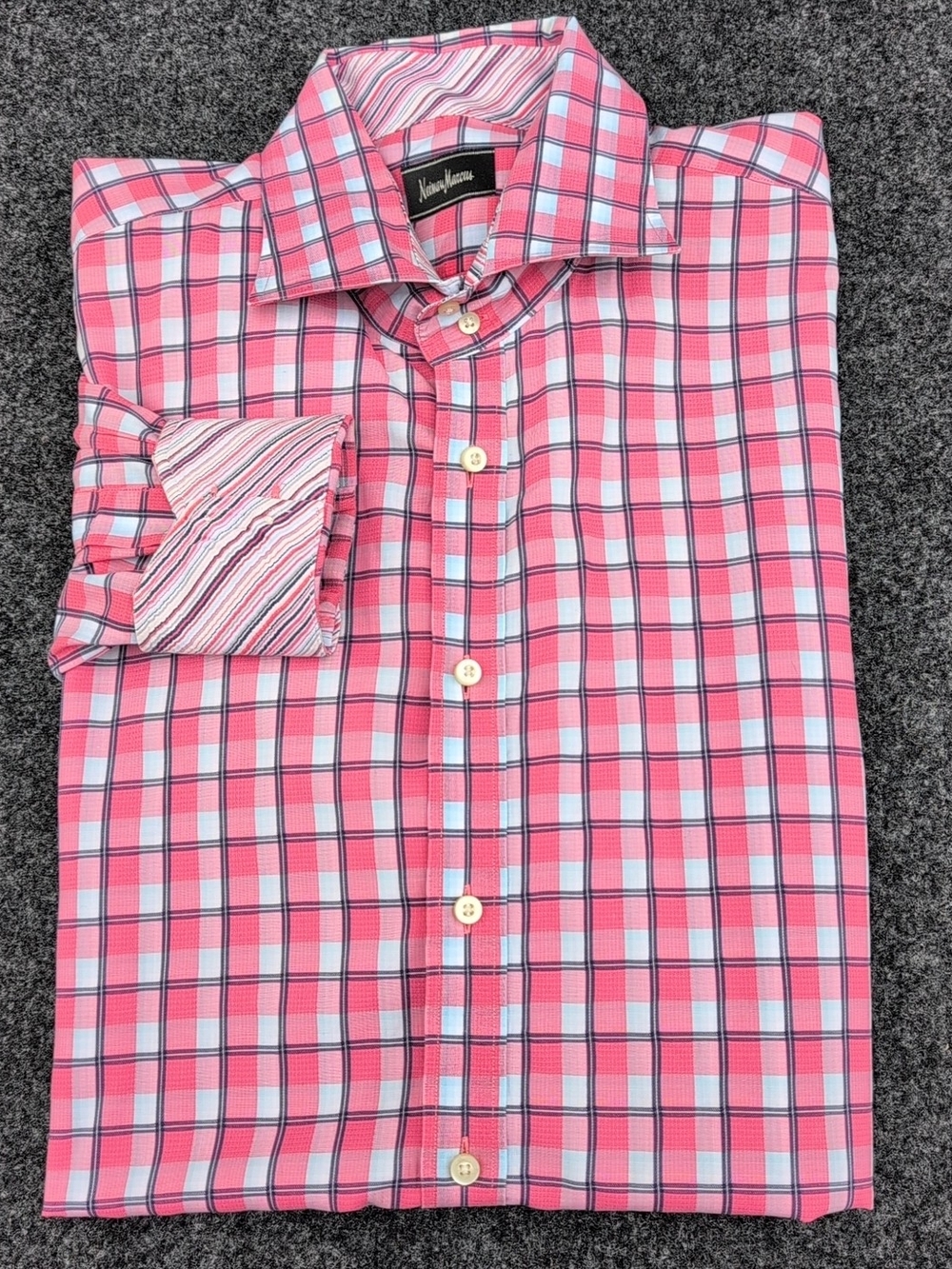 Neiman Marcus Dress Shirt Mens XXL Pink White Check Plaid Striped Flip Cuffs